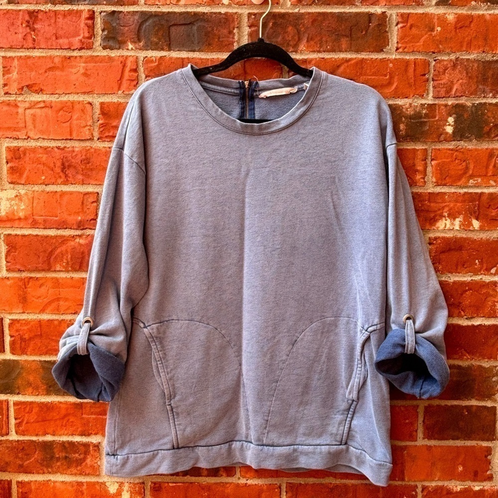 Soft Surroundings Womens Medium Blue On The Go Terry Knit Roll Tab Pull Over Top